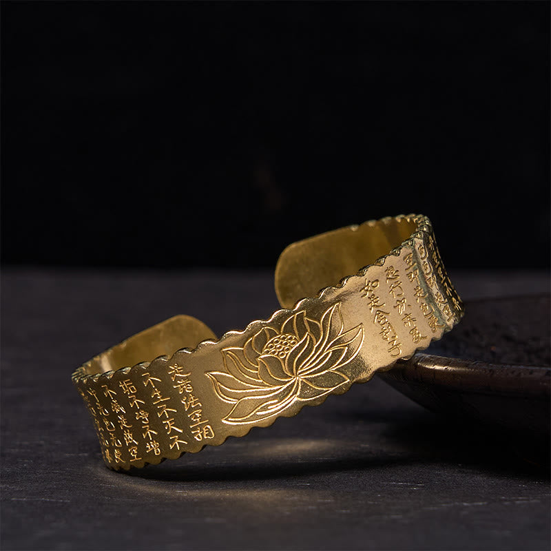 Heart Sutra Lotus Flower Copper Brass Peace Enlightenment Cuff Bracelet Bangle