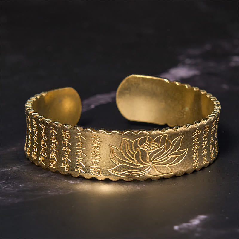 Heart Sutra Lotus Flower Copper Brass Peace Enlightenment Cuff Bracelet Bangle