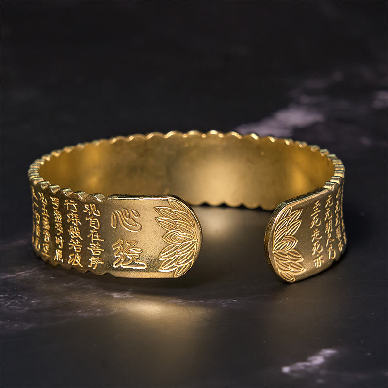 Heart Sutra Lotus Flower Copper Brass Peace Enlightenment Cuff Bracelet Bangle