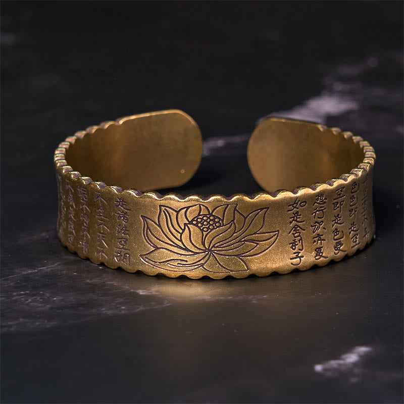 Heart Sutra Lotus Flower Copper Brass Peace Enlightenment Cuff Bracelet Bangle