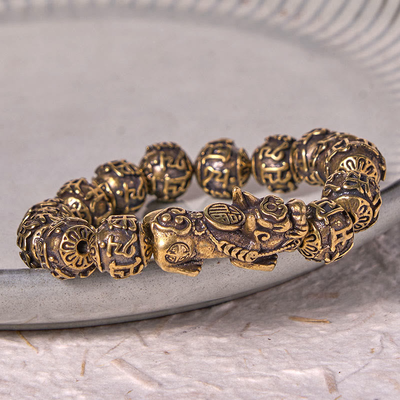 Pi Xiu Carrying Fu Character Six True Words 'om Mani Padme Hum' Copper Brass Beads Wealth Bracelet Bangle