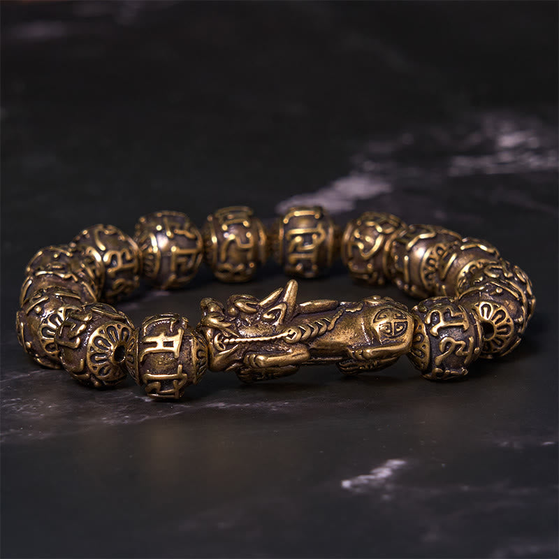 Pi Xiu Carrying Fu Character Six True Words 'om Mani Padme Hum' Copper Brass Beads Wealth Bracelet Bangle