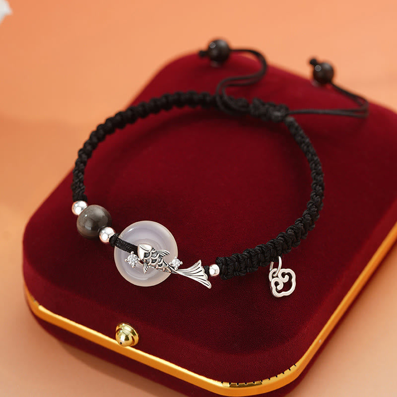 Handmade Chalcedony Ping An Kou Koi Fish 925 Sterling Silver Braided Red String Couple's Bracelet