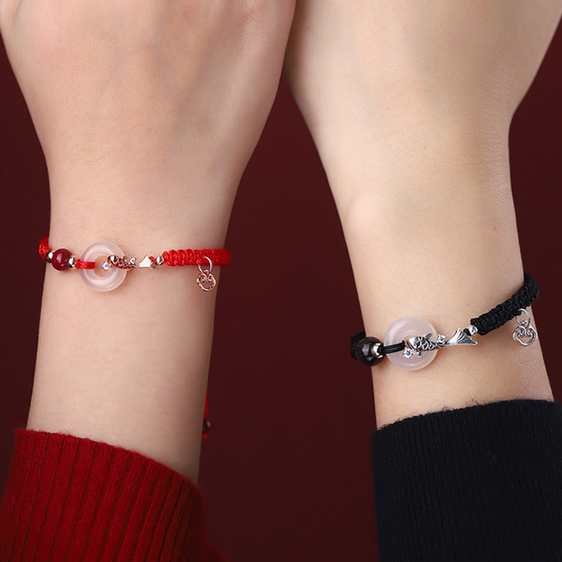 Handmade Chalcedony Ping An Kou Koi Fish 925 Sterling Silver Braided Red String Couple's Bracelet