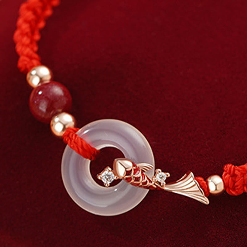 Handmade Chalcedony Ping An Kou Koi Fish 925 Sterling Silver Braided Red String Couple's Bracelet