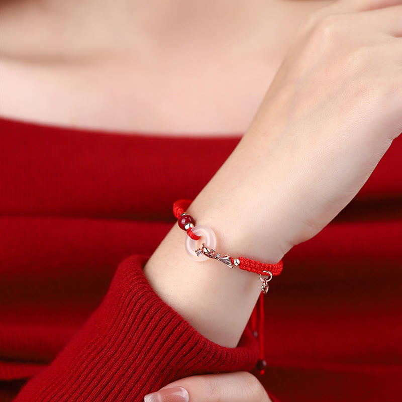 Handmade Chalcedony Ping An Kou Koi Fish 925 Sterling Silver Braided Red String Couple's Bracelet