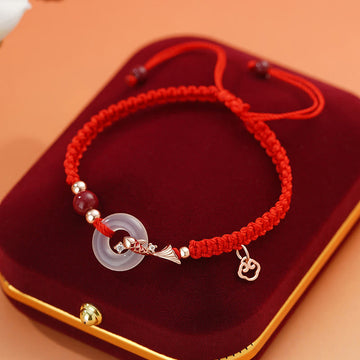Handmade Chalcedony Ping An Kou Koi Fish 925 Sterling Silver Braided Red String Couple's Bracelet