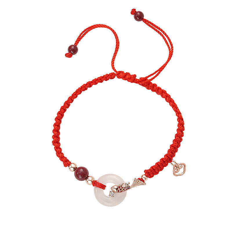 Handmade Chalcedony Ping An Kou Koi Fish 925 Sterling Silver Braided Red String Couple's Bracelet