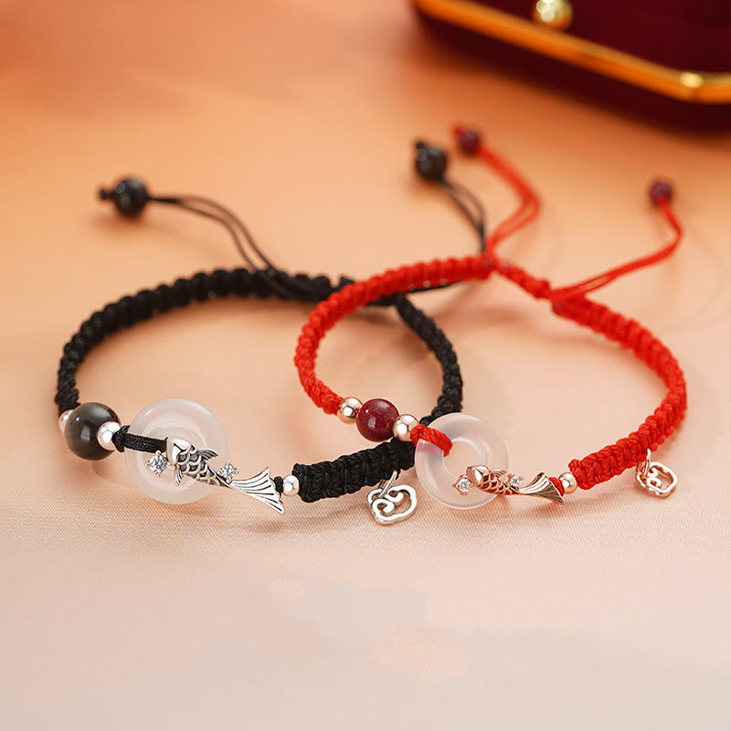 Handmade Chalcedony Ping An Kou Koi Fish 925 Sterling Silver Braided Red String Couple's Bracelet