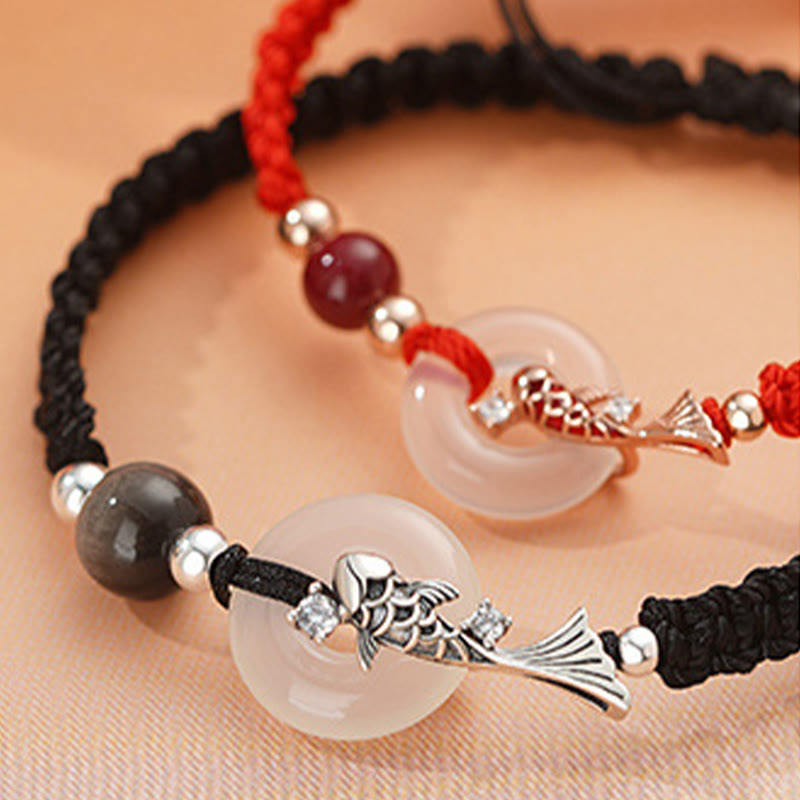 Handmade Chalcedony Ping An Kou Koi Fish 925 Sterling Silver Braided Red String Couple's Bracelet