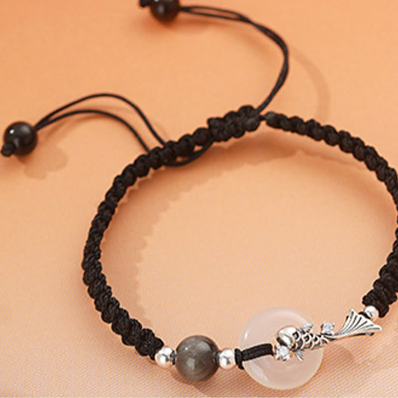Handmade Chalcedony Ping An Kou Koi Fish 925 Sterling Silver Braided Red String Couple's Bracelet