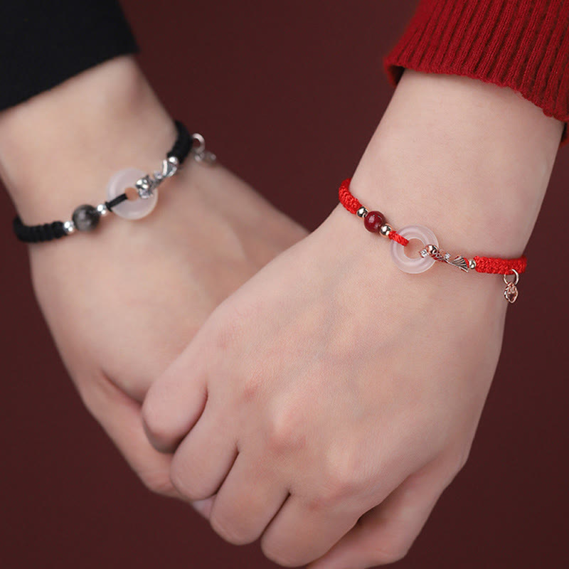 Handmade Chalcedony Ping An Kou Koi Fish 925 Sterling Silver Braided Red String Couple's Bracelet