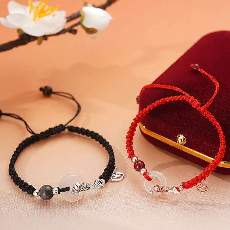Handmade Chalcedony Ping An Kou Koi Fish 925 Sterling Silver Braided Red String Couple's Bracelet