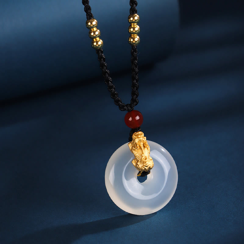 Black Onyx White Agate Peace Buckle 999 Sterling Silver Gold PiXiu Fortune Necklace Pendant