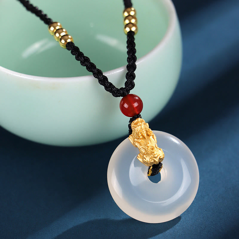 Black Onyx White Agate Peace Buckle 999 Sterling Silver Gold PiXiu Fortune Necklace Pendant