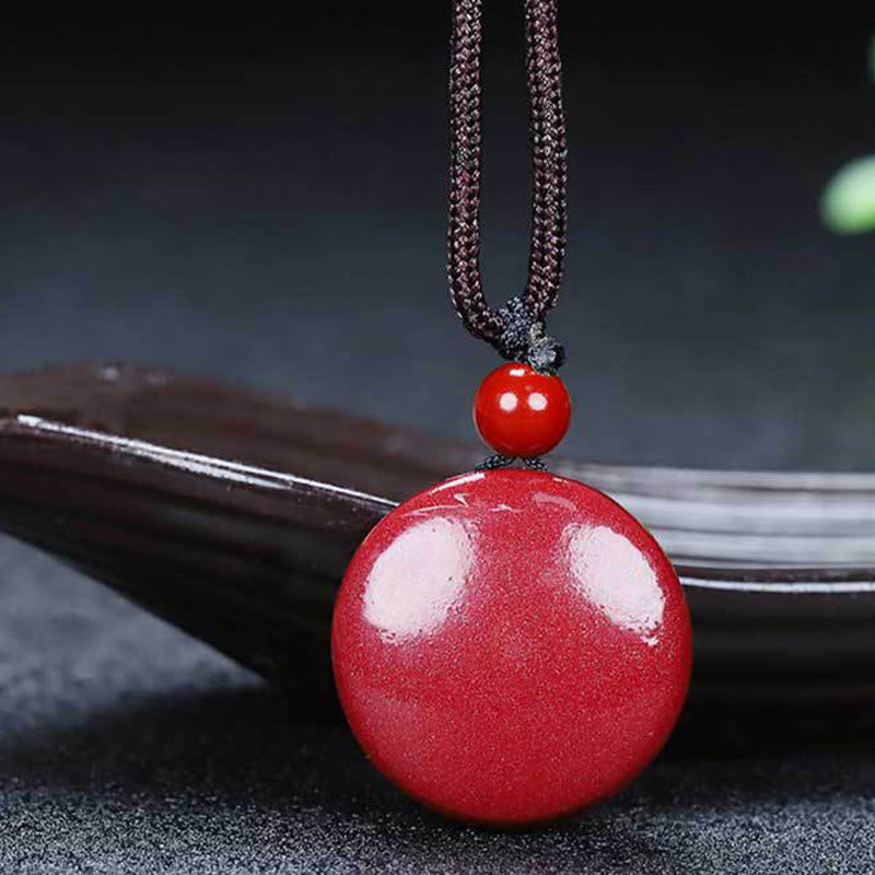 Natural Cinnabar Yin Yang Design Braided String Blessing Necklace Pendant
