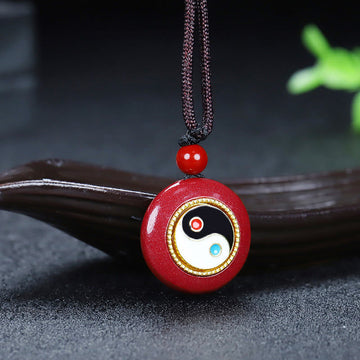 Natural Cinnabar Yin Yang Design Braided String Blessing Necklace Pendant