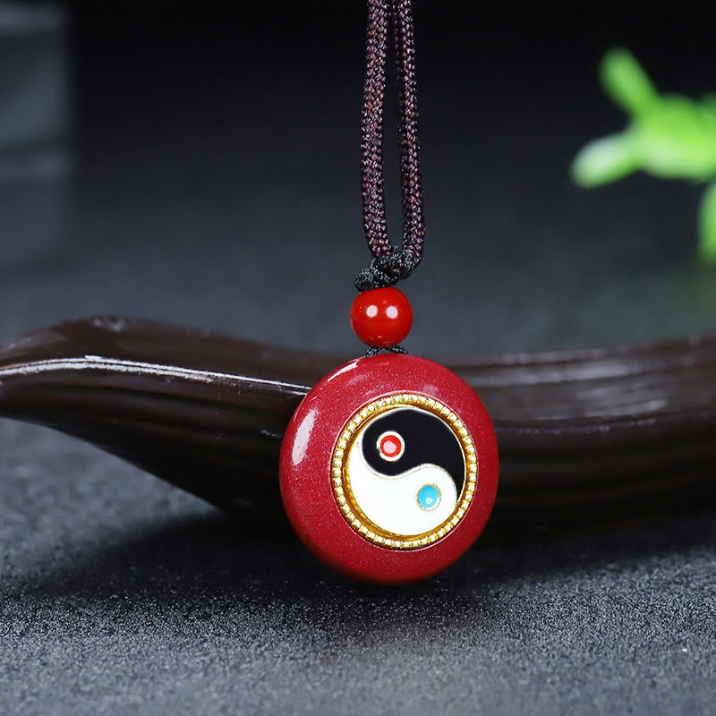 Natural Cinnabar Yin Yang Design Braided String Blessing Necklace Pendant