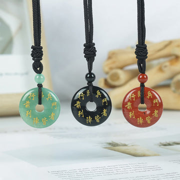 Hand-Carved Green Tara Mantra Natural Gemstone Ping An Kou Pendant Necklace