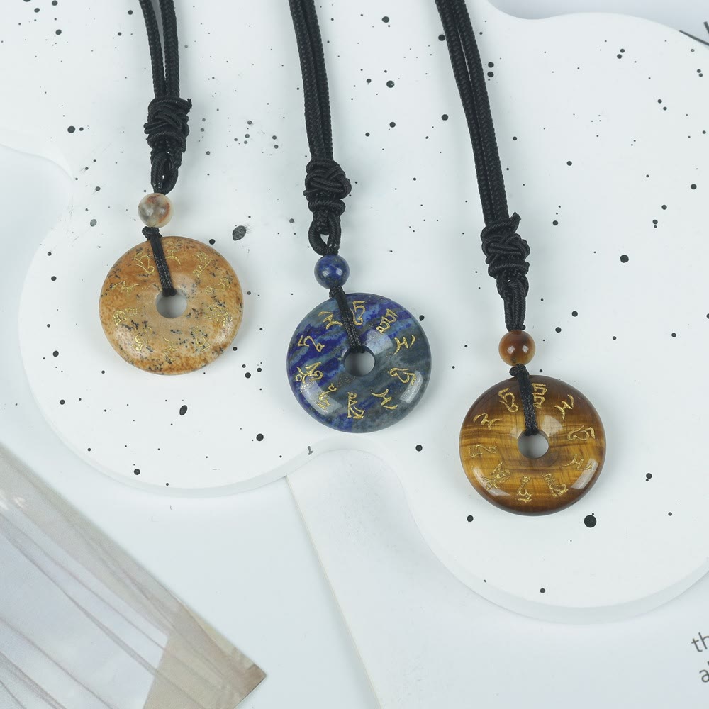 Hand-Carved Green Tara Mantra Natural Gemstone Ping An Kou Pendant Necklace
