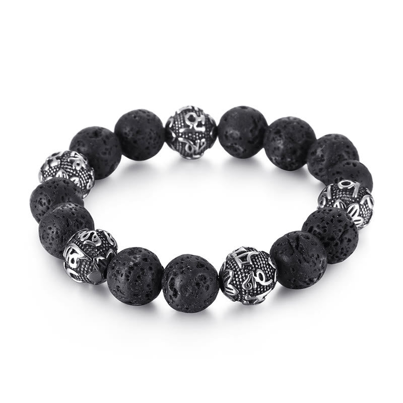 Natural Lava Rock Tiger Eye Titanium Steel Six-True-Words Om Mani Padme Hum Healing Bracelet