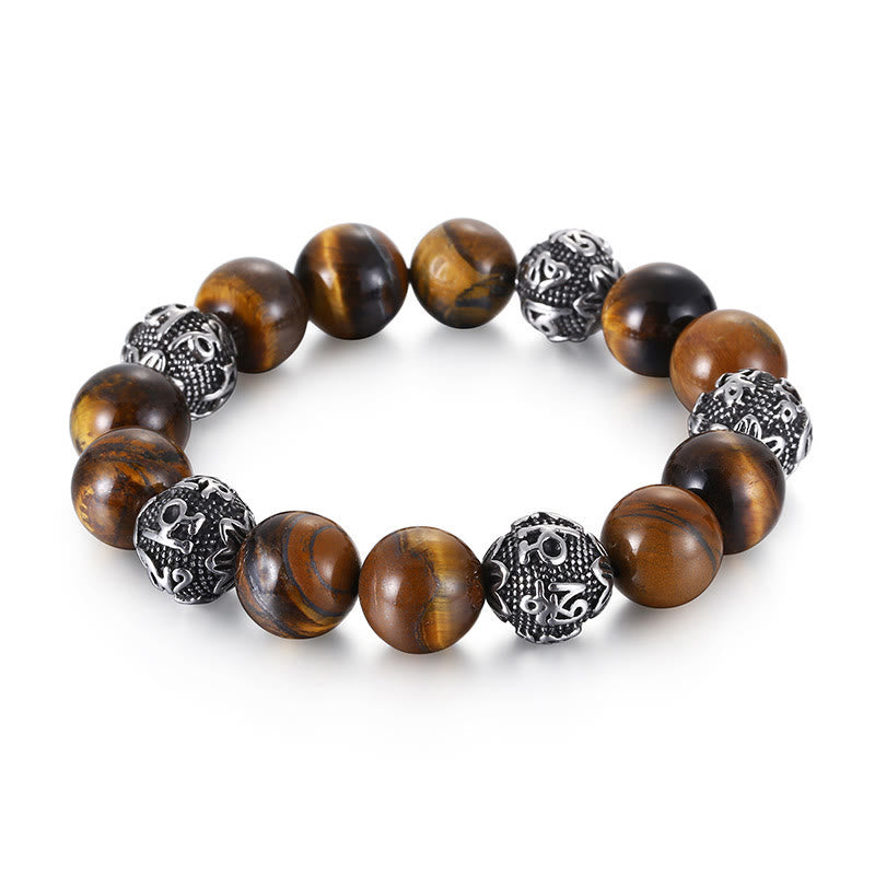 Natural Lava Rock Tiger Eye Titanium Steel Six-True-Words Om Mani Padme Hum Healing Bracelet