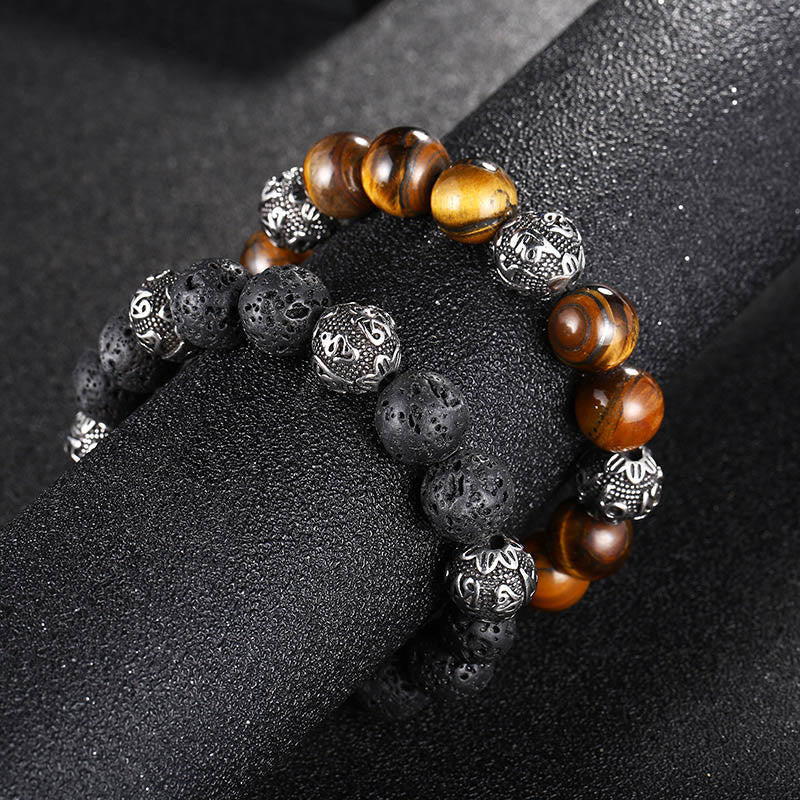 Natural Lava Rock Tiger Eye Titanium Steel Six-True-Words Om Mani Padme Hum Healing Bracelet