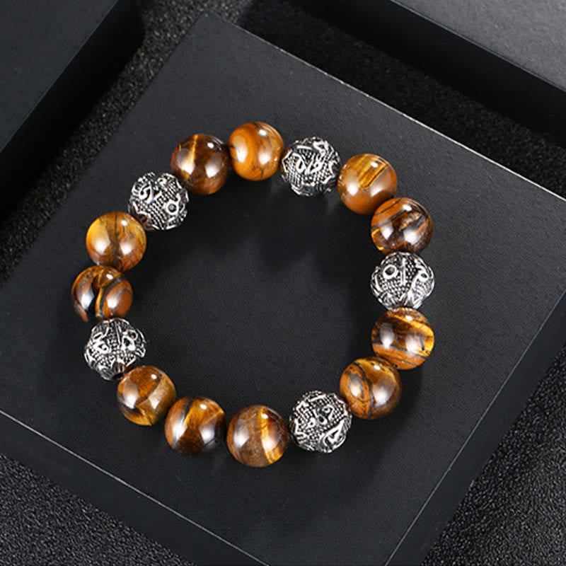 Natural Lava Rock Tiger Eye Titanium Steel Six-True-Words Om Mani Padme Hum Healing Bracelet