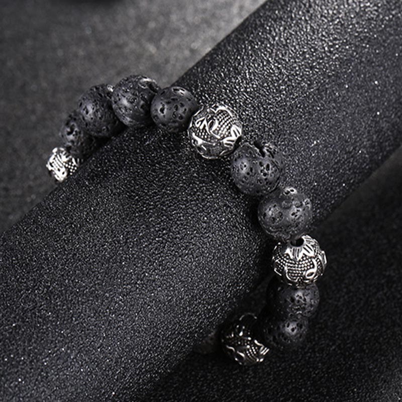 Natural Lava Rock Tiger Eye Titanium Steel Six-True-Words Om Mani Padme Hum Healing Bracelet