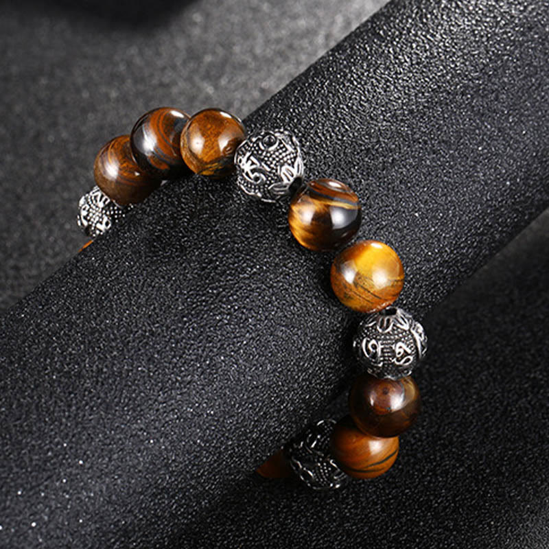 Natural Lava Rock Tiger Eye Titanium Steel Six-True-Words Om Mani Padme Hum Healing Bracelet