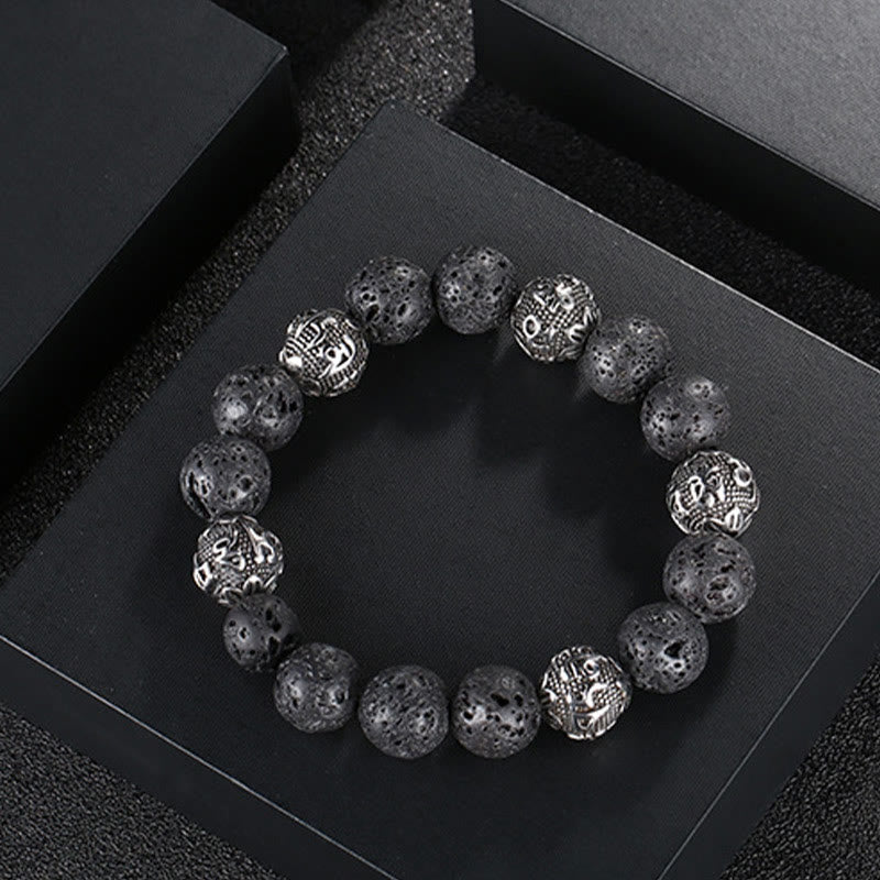 Natural Lava Rock Tiger Eye Titanium Steel Six-True-Words Om Mani Padme Hum Healing Bracelet