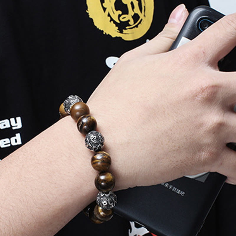 Natural Lava Rock Tiger Eye Titanium Steel Six-True-Words Om Mani Padme Hum Healing Bracelet