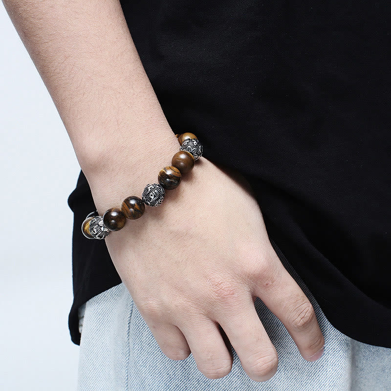 Natural Lava Rock Tiger Eye Titanium Steel Six-True-Words Om Mani Padme Hum Healing Bracelet