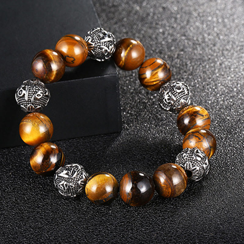 Natural Lava Rock Tiger Eye Titanium Steel Six-True-Words Om Mani Padme Hum Healing Bracelet