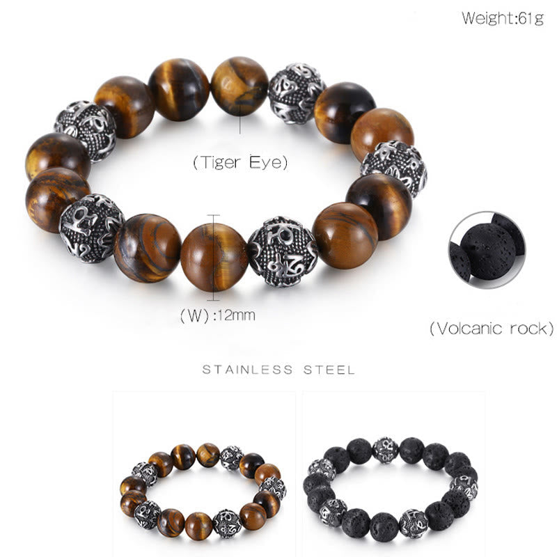 Natural Lava Rock Tiger Eye Titanium Steel Six-True-Words Om Mani Padme Hum Healing Bracelet