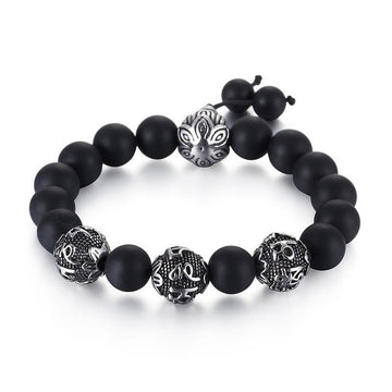 Black Obsidian Om Mani Padme Hum Mantra Engraved Beaded Bracelet