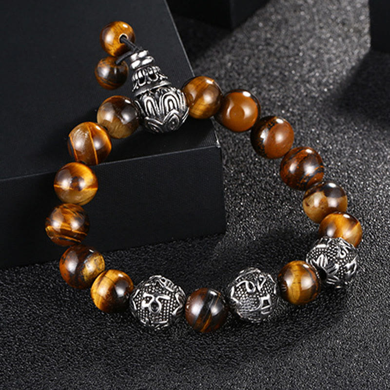 Titanium Steel Om Mani Padme Hum Mantra Engraved Natural Gemstone Beaded Bracelet