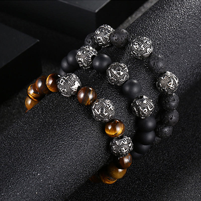 Titanium Steel Om Mani Padme Hum Mantra Engraved Natural Gemstone Beaded Bracelet