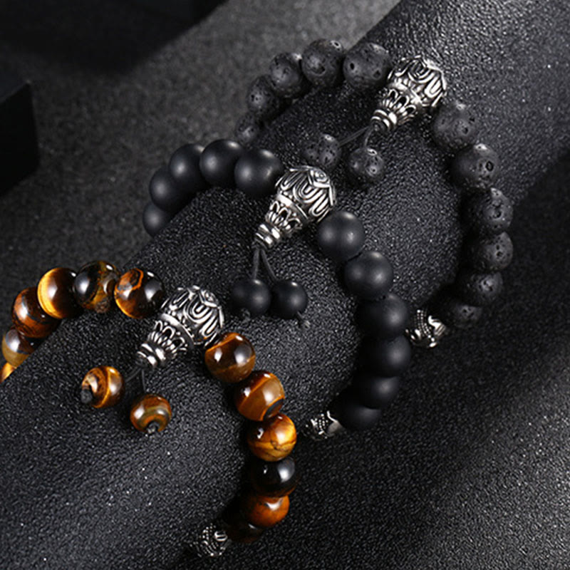 Titanium Steel Om Mani Padme Hum Mantra Engraved Natural Gemstone Beaded Bracelet