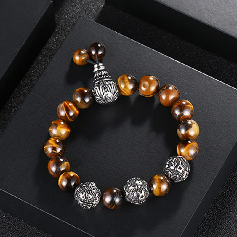 Titanium Steel Om Mani Padme Hum Mantra Engraved Natural Gemstone Beaded Bracelet
