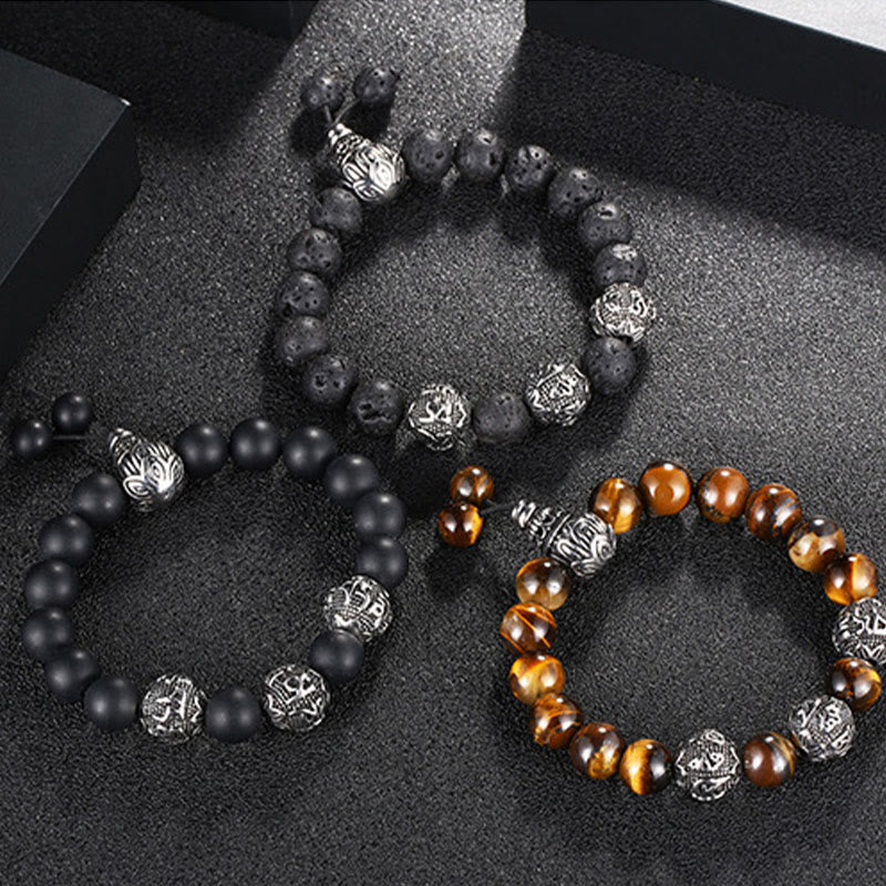 Titanium Steel Om Mani Padme Hum Mantra Engraved Natural Gemstone Beaded Bracelet