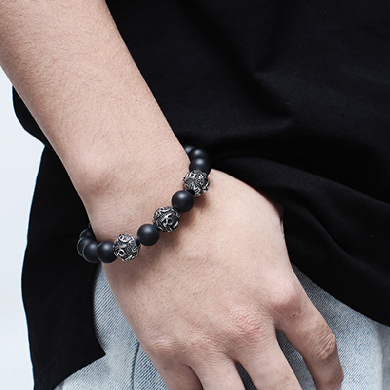 Titanium Steel Om Mani Padme Hum Mantra Engraved Natural Gemstone Beaded Bracelet