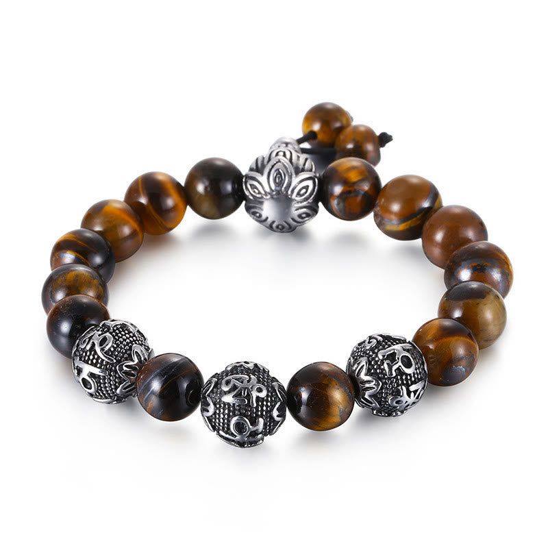 Titanium Steel Om Mani Padme Hum Mantra Engraved Natural Gemstone Beaded Bracelet