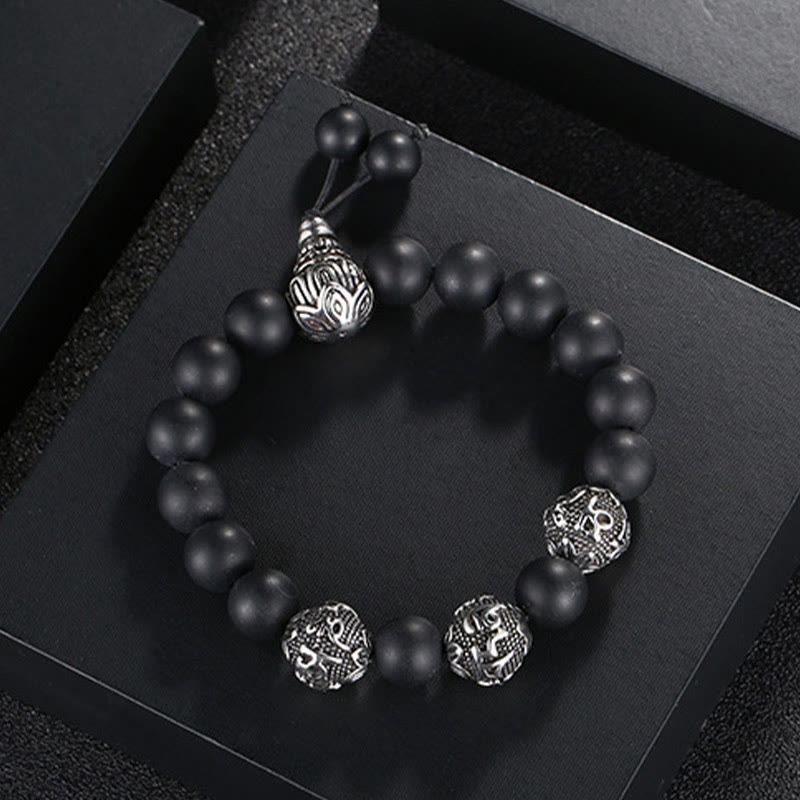 Titanium Steel Om Mani Padme Hum Mantra Engraved Natural Gemstone Beaded Bracelet