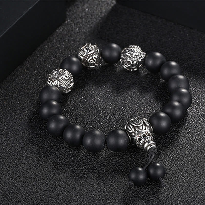 Titanium Steel Om Mani Padme Hum Mantra Engraved Natural Gemstone Beaded Bracelet