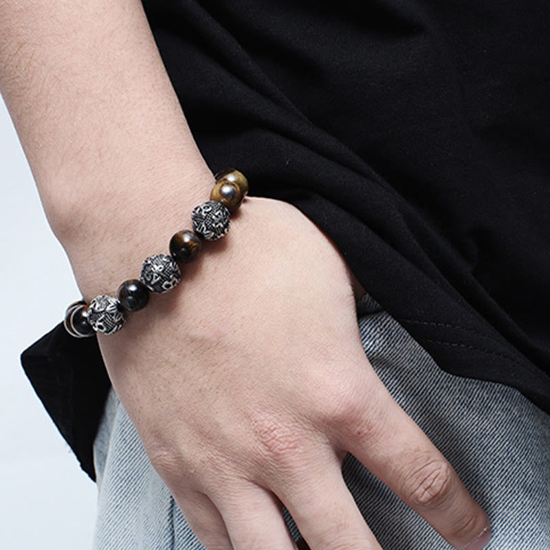 Titanium Steel Om Mani Padme Hum Mantra Engraved Natural Gemstone Beaded Bracelet