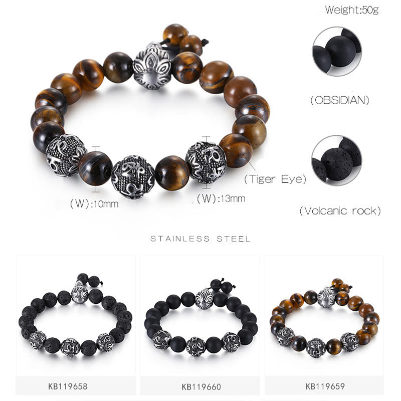 Titanium Steel Om Mani Padme Hum Mantra Engraved Natural Gemstone Beaded Bracelet