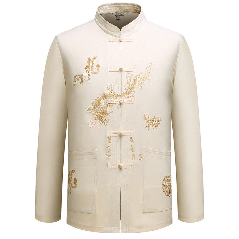 Chinese New Year Embroidered Dragon Frog-button Tang Suit Hanfu Traditional Uniform Long Sleeve Top Pants Clothing Men's Set