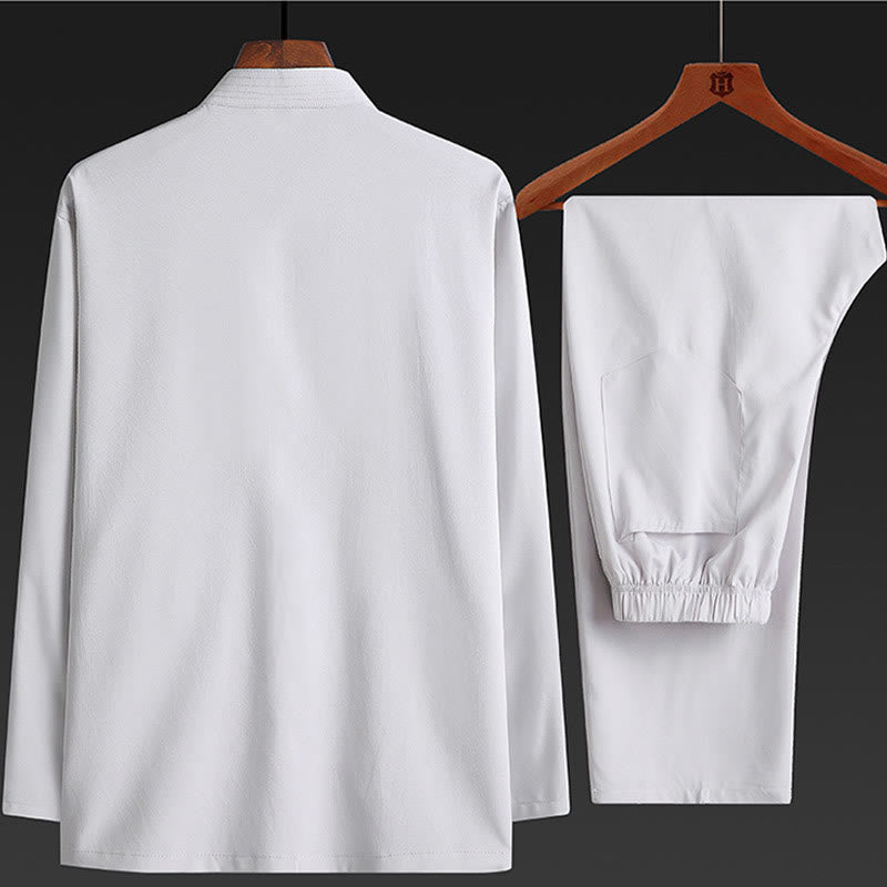 Chinese New Year Embroidered Dragon Frog-button Tang Suit Hanfu Traditional Uniform Long Sleeve Top Pants Clothing Men's Set