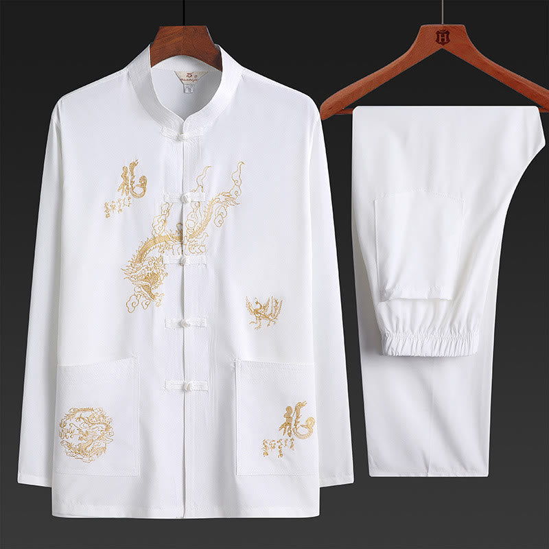 Chinese New Year Embroidered Dragon Frog-button Tang Suit Hanfu Traditional Uniform Long Sleeve Top Pants Clothing Men's Set